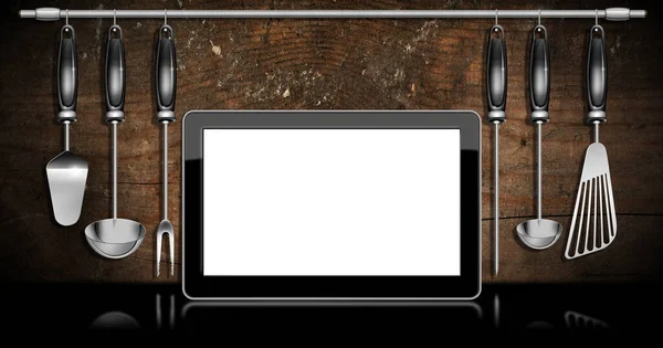 Set Kitchen Utensils Made Stainless Steel Black Plastic Blank Tablet — Stock Photo, Image