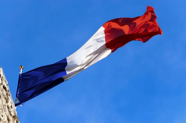 Closeup National French Flag Blowing Wind Clear Blue Sky Photographed — Stock Photo, Image