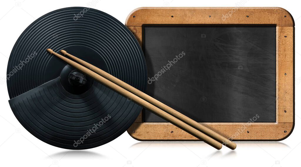 Black cymbal of an electronic drum kit, a pair of wooden drumsticks and an empty blackboard with copy space, isolated on white background with reflections. Percussion instrument concept.