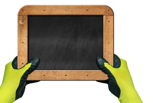Handen Met Werkhandschoenen Die Een Blanco Schoolbord Met Houten Frame — Stockfoto