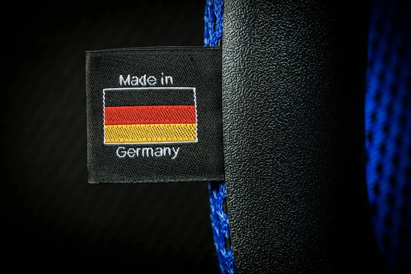 Extreme Closeup Made Germany Label German Flag Sewn Black Fabric — Stock Photo, Image