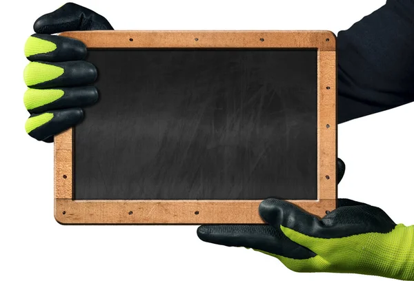 Hands Protective Work Gloves Hold Blank Blackboard Wooden Frame Isolated — Stock Photo, Image