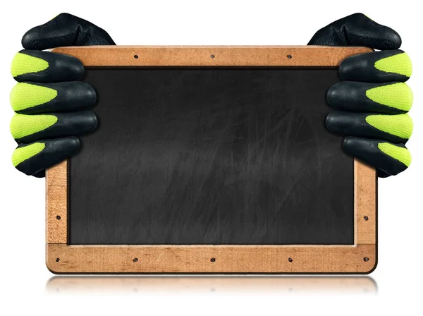Dwie Ręce Ochronnymi Czarnymi Zielonymi Rękawiczkami Roboczymi Posiadają Pustą Tablicę — Zdjęcie stockowe