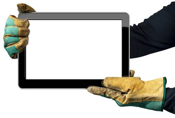 Twee Handen Met Vuile Werkhandschoenen Die Een Lege Digitale Tablet — Stockfoto