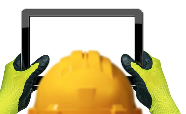 Bauarbeiter Mit Gelber Mütze Und Händen Mit Schutzhandschuhen Der Hand — Stockfoto