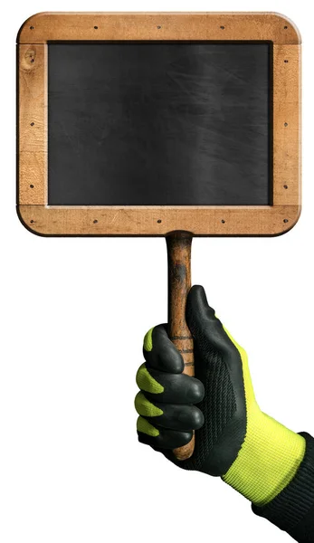 Hand Protective Work Glove Holding Blank Blackboard Wooden Frame Isolated — Stock Photo, Image