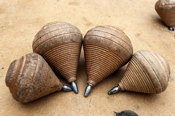 Close Group Wooden Spinning Tops Wooden Table Italian Craftsmanship — Stock Photo, Image