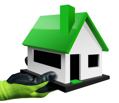 Beyaz arka planda izole edilmiş küçük bir model evi tutan koruyucu iş eldivenli bir elin yakın çekimi. Fotoğraf ve 3D illüstrasyon.