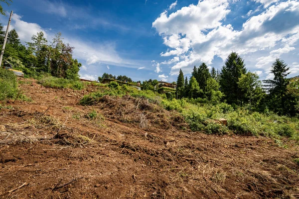 Escavação Desmatamento Para Construção Novas Casas Montanha Alpes Italianos Itália — Fotografia de Stock
