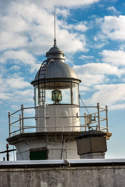 Closeup Old White Lighthouse Blue Sky Clouds Port Portofino Genova — Stock Photo, Image