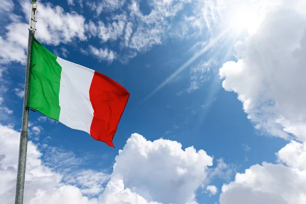 Closeup National Italian Flag Flagpole Blowing Wind Blue Sky Clouds — Stock Photo, Image