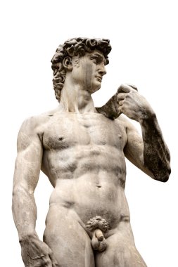Michelangelo Buonarotti 'nin Davut heykeli beyaz arka planda izole edilmiş, Piazza della Signoria' daki Rönesans heykelinin başyapıtı, Floransa şehir merkezi, Toskana, İtalya, Avrupa.
