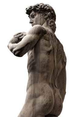 Michelangelo Buonarotti 'nin Davut heykeli beyaz arka planda izole edilmiş, Piazza della Signoria' daki Rönesans heykelinin başyapıtı, Floransa şehir merkezi, Toskana, İtalya, Avrupa.