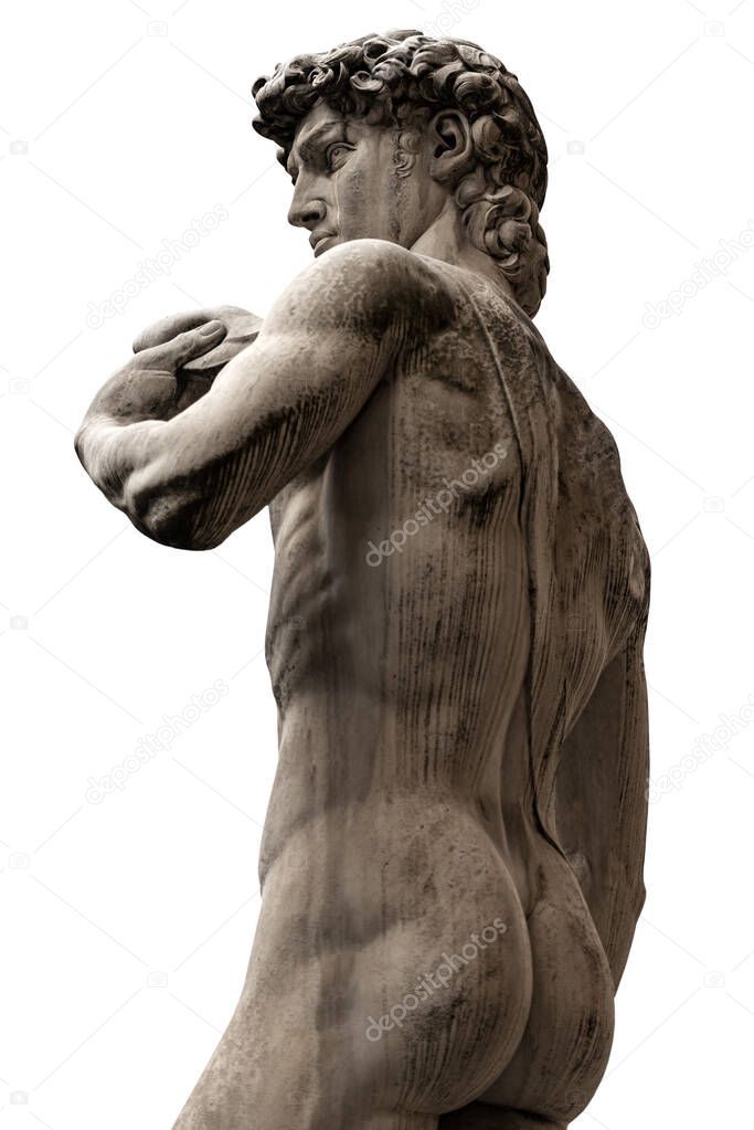 Statue of the David by Michelangelo Buonarroti isolated on white background, masterpiece of Renaissance sculpture in Piazza della Signoria, Florence downtown, Tuscany, Italy, Europe.