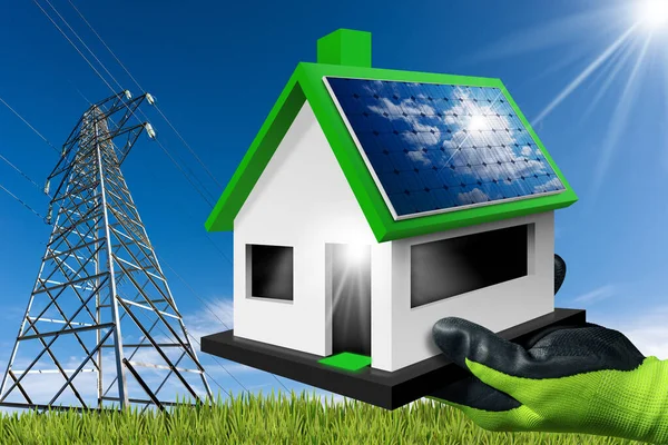 Koruyucu iş eldiveni ile çatıda güneş paneli olan küçük bir evi, yüksek voltaj kulesi ve güneş ışınlarıyla mavi gökyüzünü tutan bir el. Fotoğraf, 3 boyutlu illüstrasyon. Yenilenebilir enerji kavramı.