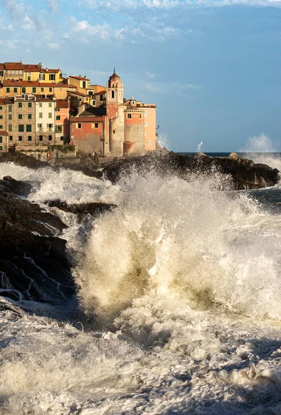 Liten Och Antik Tellaro Med Grov Sjö Lerici Kommun Gulf — Stockfoto