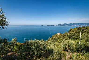 La Spezia Körfezi ve Akdeniz, küçük ve antik Tellaro köyünün üzerinde, ufukta Palmaria, Tino ve Tinetto adaları ve Portovenere veya Porto Venere kasabası. Liguria, İtalya.