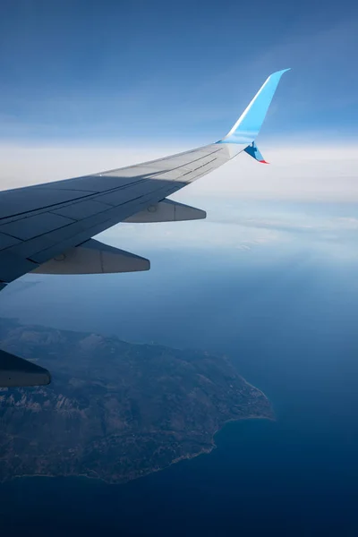 Commercial Airplane Flying Greek Islands Mediterranean Sea Looking Plane Window — Stock Photo, Image