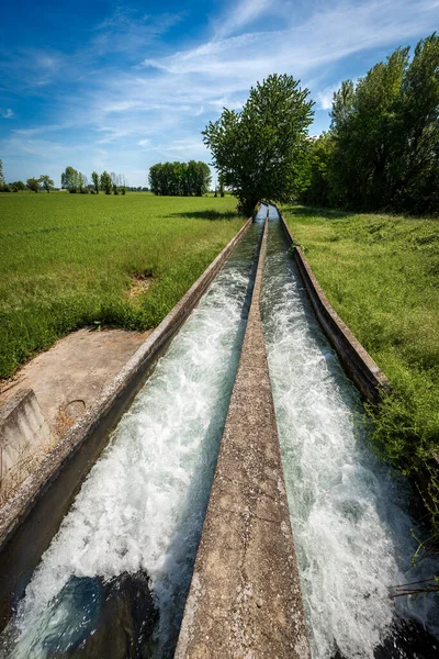 Two Small Reinforced Concrete Irrigation Canals Padan Plain Valley Pianura — Stock Photo, Image