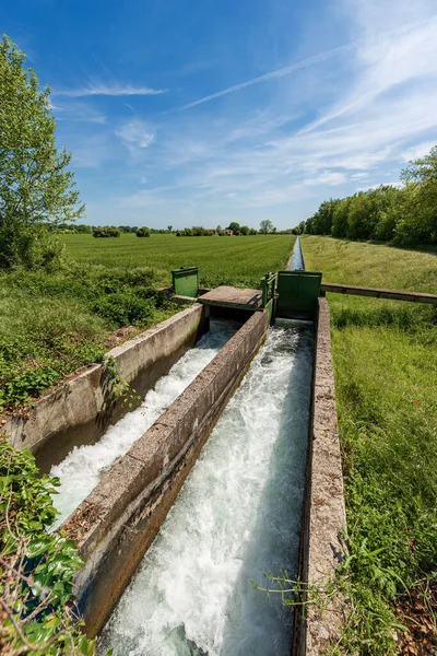 Two Small Concrete Irrigation Canals Rural Scene Padan Plain Valley — Stock Photo, Image