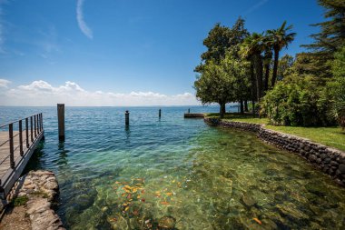 Garda Gölü kıyısındaki küçük Garda kasabasının (Lago di Garda) önündeki güzel sahil şeridi. Güzel körfez ve halka açık park. Verona ili, Veneto, İtalya, Avrupa.