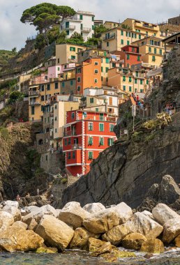 Liguria, La Spezia, İtalya ve Avrupa 'daki Cinque Terre Ulusal Parkı' nda çok renkli evleri olan ünlü Riomaggiore köyü. UNESCO dünya mirası sahası.