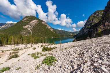 Pragser Wildsee veya Lago di Braies, Braies Vadisi 'ndeki küçük alp güzel gölü, Dolomitler, UNESCO dünya mirası alanı, Güney Tyrol, Trentino-Alto Adige, Bolzano bölgesi, İtalya, Avrupa.