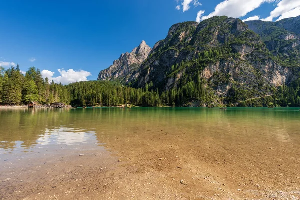 Pragser Wildsee Lago Braies Alpine Lake Mountain Peaks Small Great — Stock Photo, Image