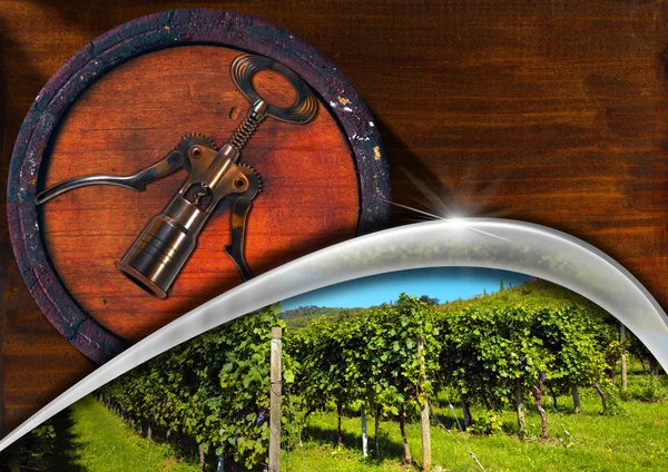 Corkscrew with Wooden Barrel and Vineyard — Stock Photo, Image