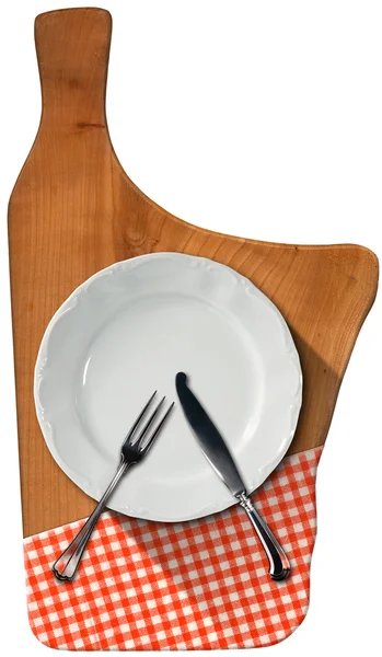 Cutting Board with Plate and Cutlery — Stock Photo, Image