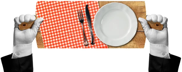 Cutting Board with Plate and Cutlery — Stock Photo, Image