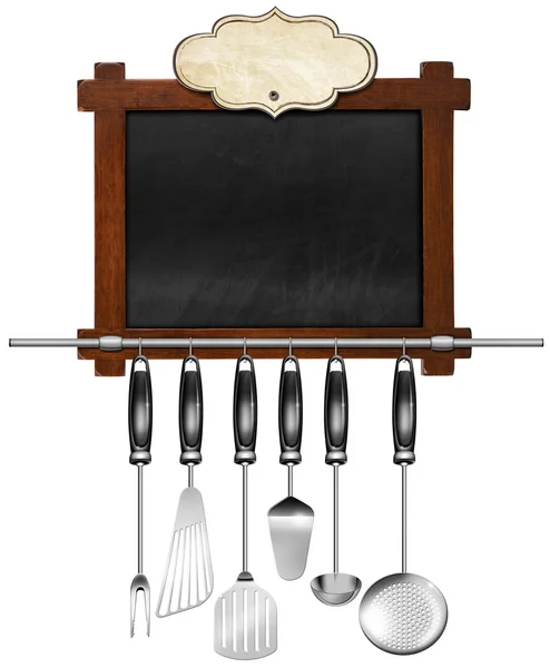 Blackboard vazio com utensílios de cozinha — Fotografia de Stock