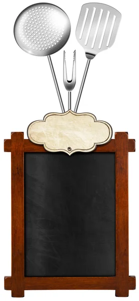 Blackboard vazio com utensílios de cozinha — Fotografia de Stock