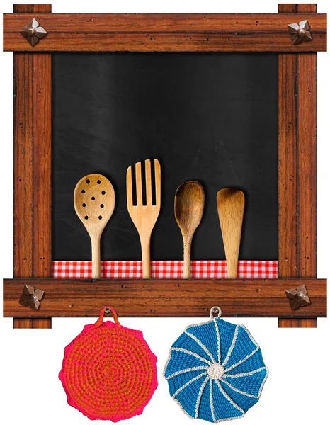 Blackboard vazio com utensílios de cozinha — Fotografia de Stock