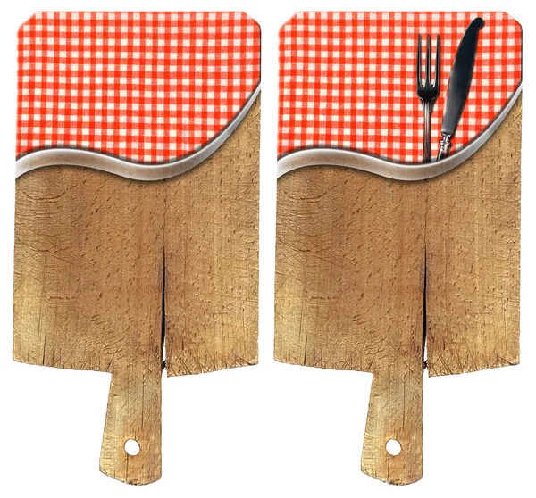 Skärbrädor med bordsduk och bestick — Stockfoto
