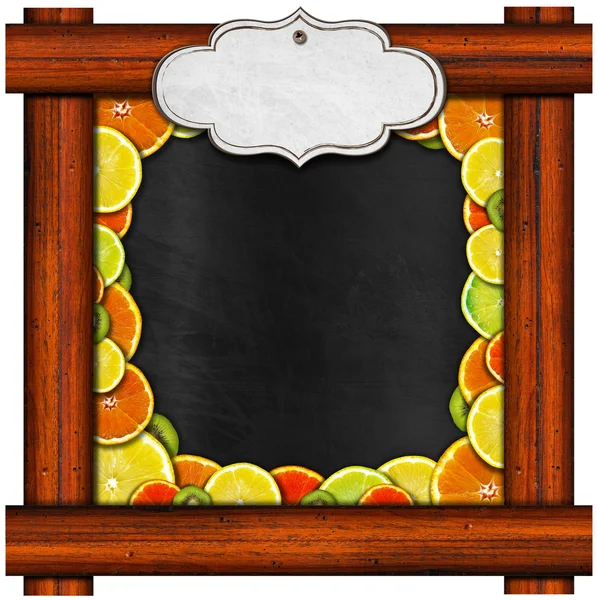 Tableau noir avec cadre en bois et fruits — Photo