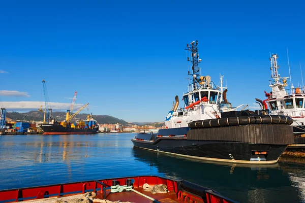 Δύο Tugboats και τα εμπορευματοκιβώτια του πλοίου — Φωτογραφία Αρχείου