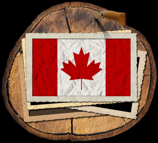 Ağaç gövdesi bölümünde bulunan Kanada bayrağı — Stok fotoğraf