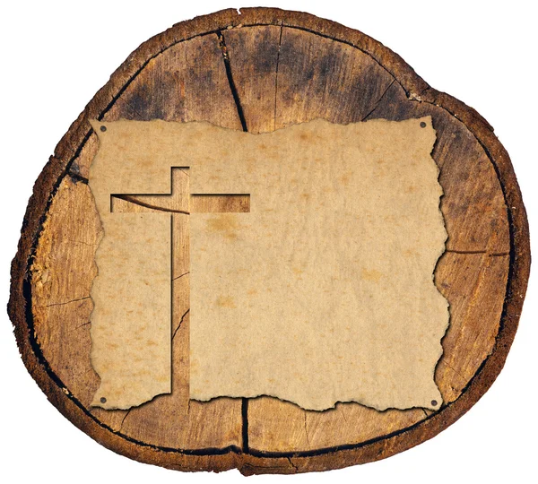 Parchment with Cross on Tree Trunk — Stock Photo, Image