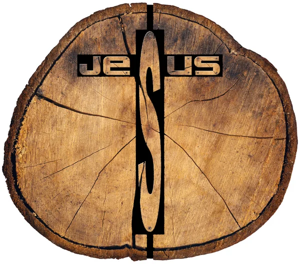 Деревянный крест Иисуса на стволе дерева — стоковое фото