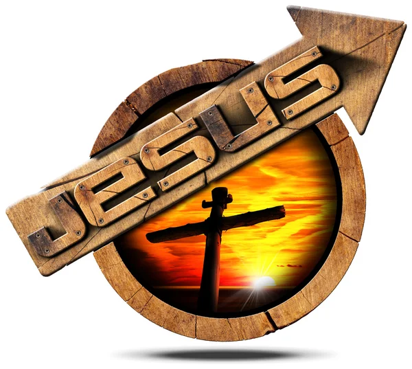 Jesus träskylt med pilen och kors — Stockfoto