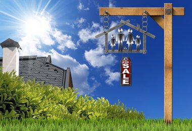 Ev satışı işareti - aile ile Metal metre için
