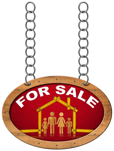 Maison à vendre signe - Compteur en bois avec la famille — Photo