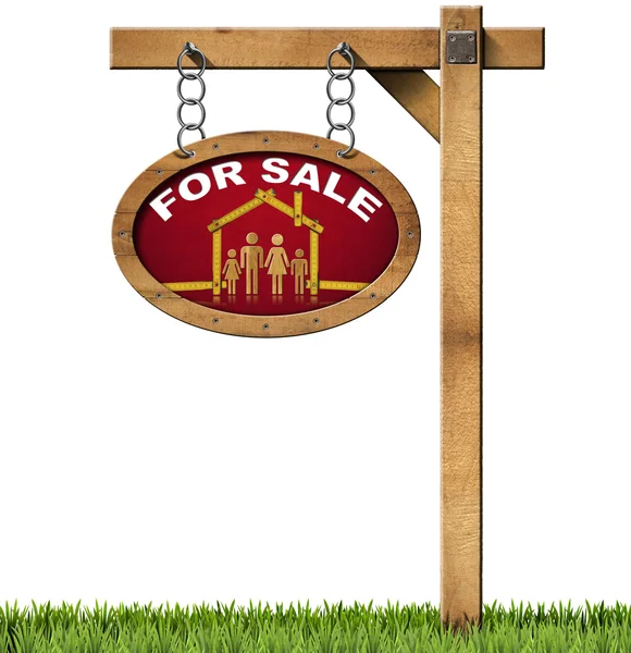 Dom/mieszkanie sprzedaż znak - drewniane miernik z rodziną — Zdjęcie stockowe