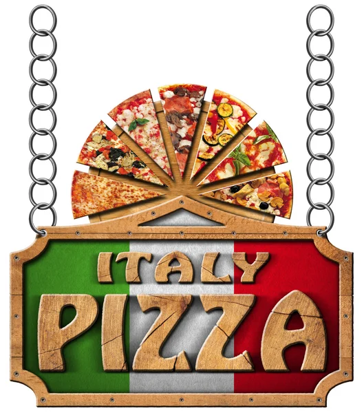 Italy Pizza - Wooden Sign with Metal Chain — Stock Photo, Image