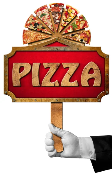 Pizza - tecken med handen av servitör — Stockfoto