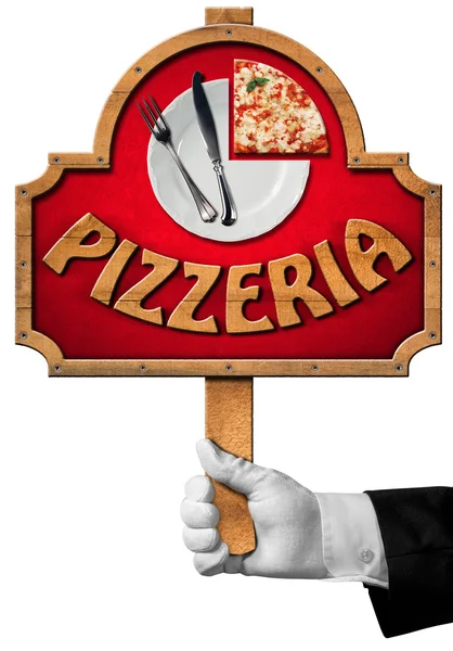 Pizzeria - Sign with Hand of Waiter — Stock Photo, Image