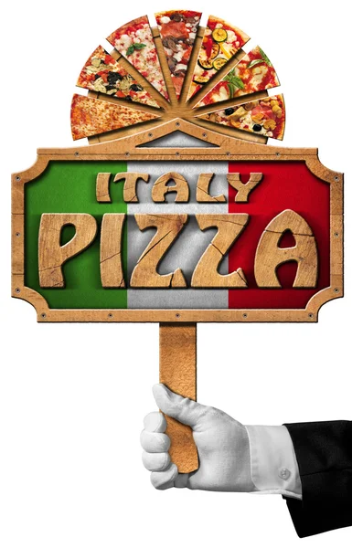 Italy Pizza - Sign with Hand of Waiter — Stock Photo, Image