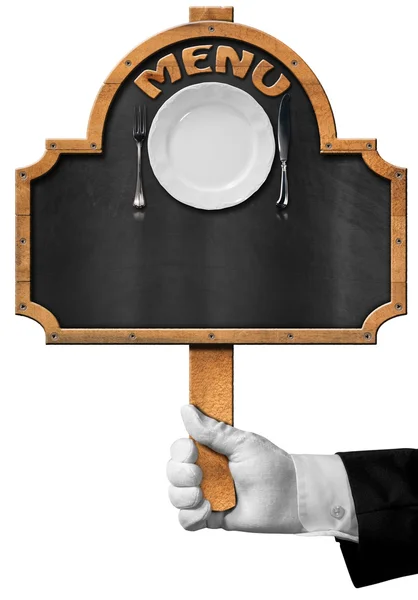 食品菜单-黑板上用手的服务员 — 图库照片