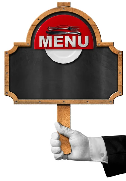 Menu de comida - Quadro negro com mão de garçom — Fotografia de Stock